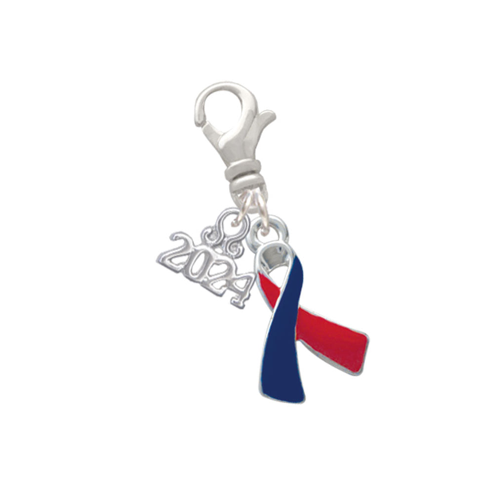 Delight Jewelry Silvertone Red and Blue Awareness Ribbon Clip on Charm with Year 2024 Image 1