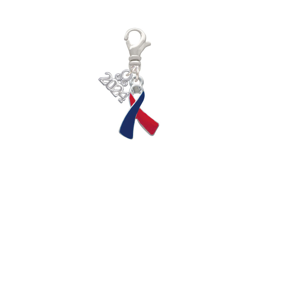 Delight Jewelry Silvertone Red and Blue Awareness Ribbon Clip on Charm with Year 2024 Image 2