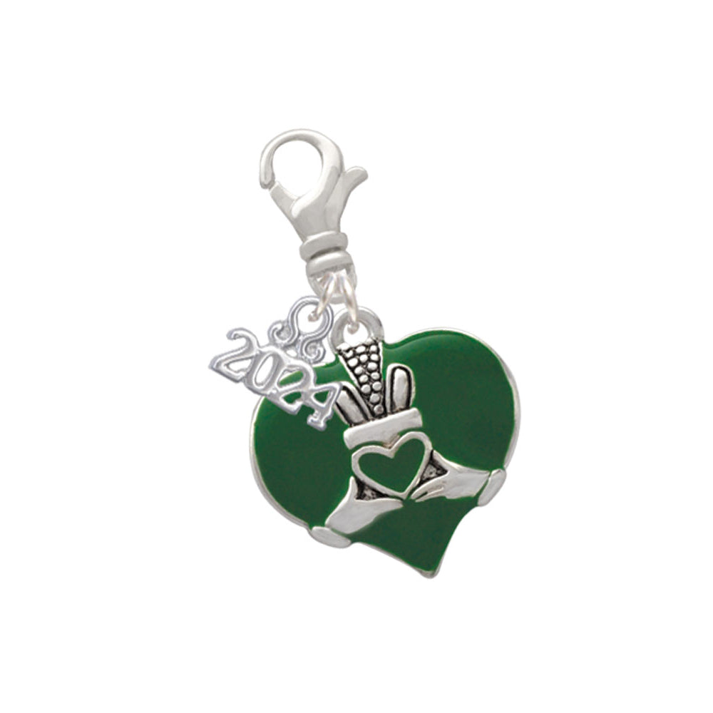 Delight Jewelry Silvertone Large 2-D Claddagh on Green Heart Clip on Charm with Year 2024 Image 1
