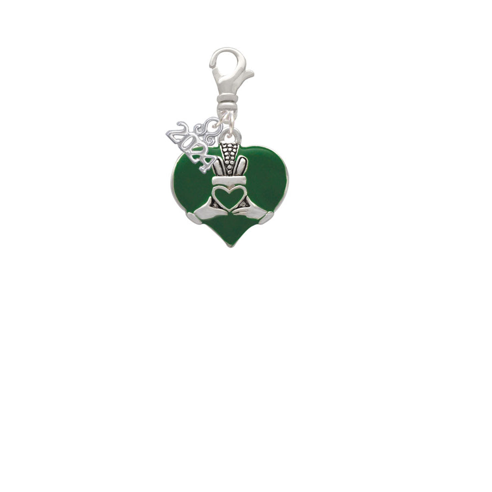 Delight Jewelry Silvertone Large 2-D Claddagh on Green Heart Clip on Charm with Year 2024 Image 2