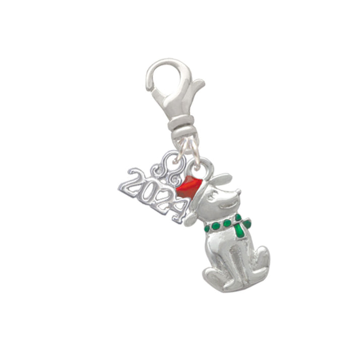 Delight Jewelry Silvertone 2-D Christmas Dog with Red Hat Clip on Charm with Year 2024 Image 1