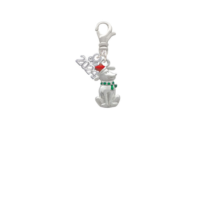Delight Jewelry Silvertone 2-D Christmas Dog with Red Hat Clip on Charm with Year 2024 Image 2