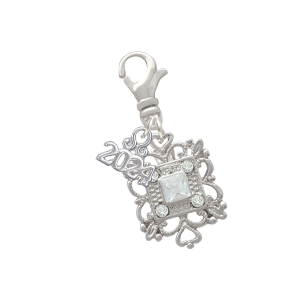Delight Jewelry Silvertone Square AB Crystal with Filigree Clip on Charm with Year 2024 Image 1