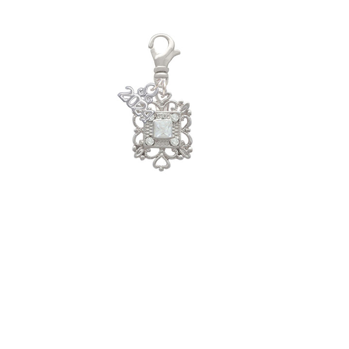 Delight Jewelry Silvertone Square AB Crystal with Filigree Clip on Charm with Year 2024 Image 2