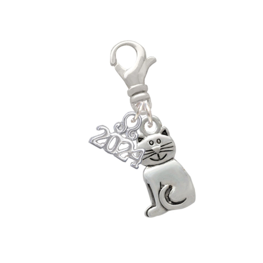 Delight Jewelry Silvertone 2-D Smiling Cat Clip on Charm with Year 2024 Image 1