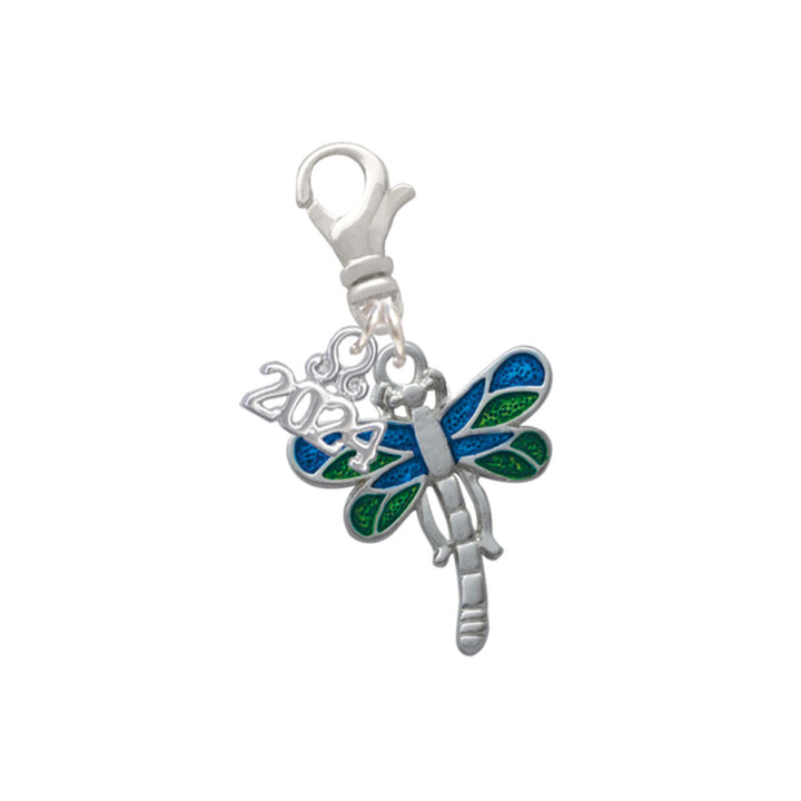 Delight Jewelry Silvertone Dragonfly with Green and Blue Wings Clip on Charm with Year 2024 Image 1