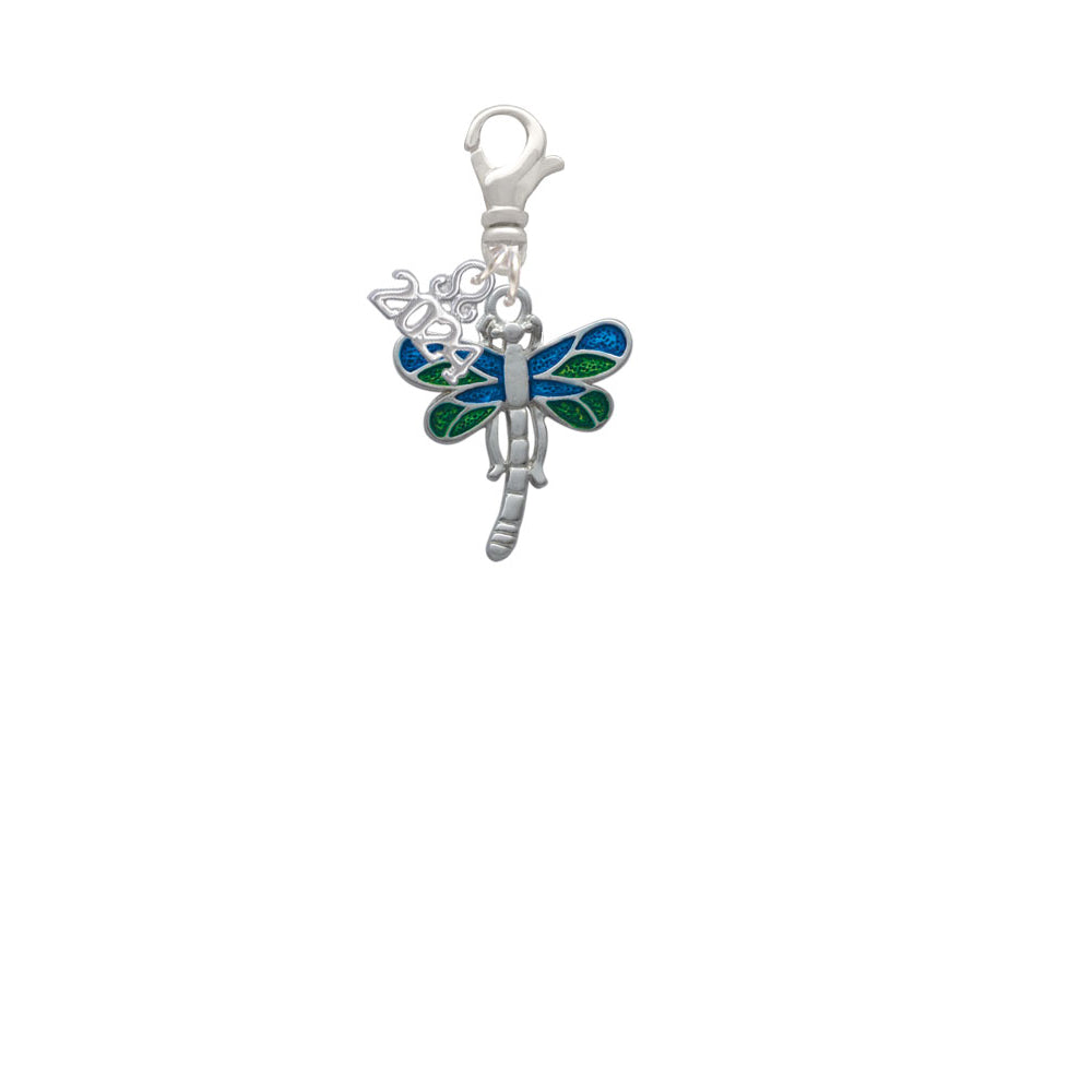 Delight Jewelry Silvertone Dragonfly with Green and Blue Wings Clip on Charm with Year 2024 Image 2