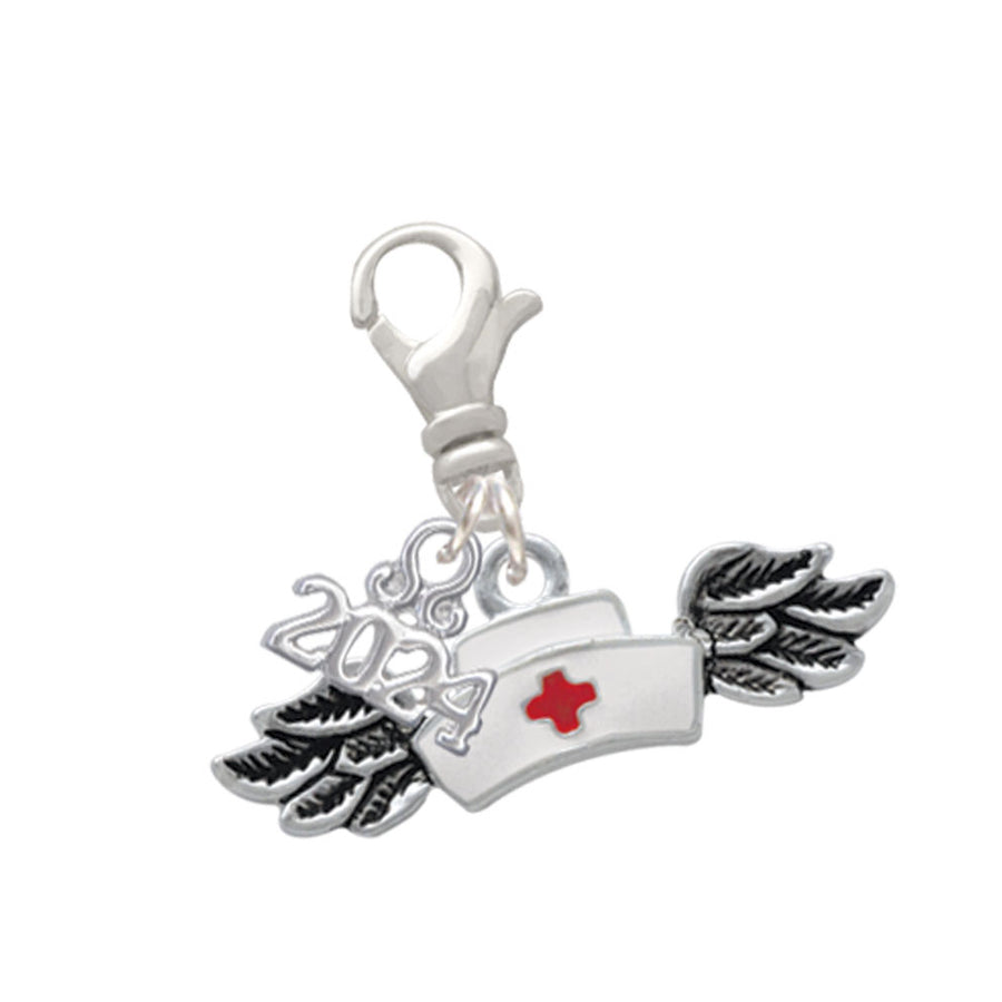 Delight Jewelry Silvertone Enamel Nurse Hat with Wings Clip on Charm with Year 2024 Image 1