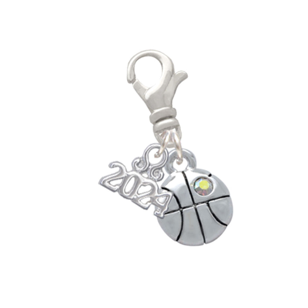Delight Jewelry Silvertone Small Basketball with a AB Crystal Clip on Charm with Year 2024 Image 1