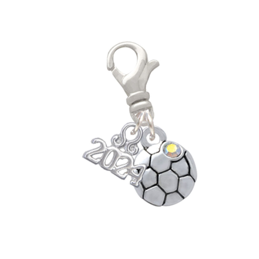 Delight Jewelry Silvertone Small Soccer ball with a AB Crystal Clip on Charm with Year 2024 Image 1
