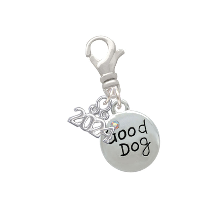 Delight Jewelry Silvertone Good Dog with AB Crystal and Paw Print Clip on Charm with Year 2024 Image 1