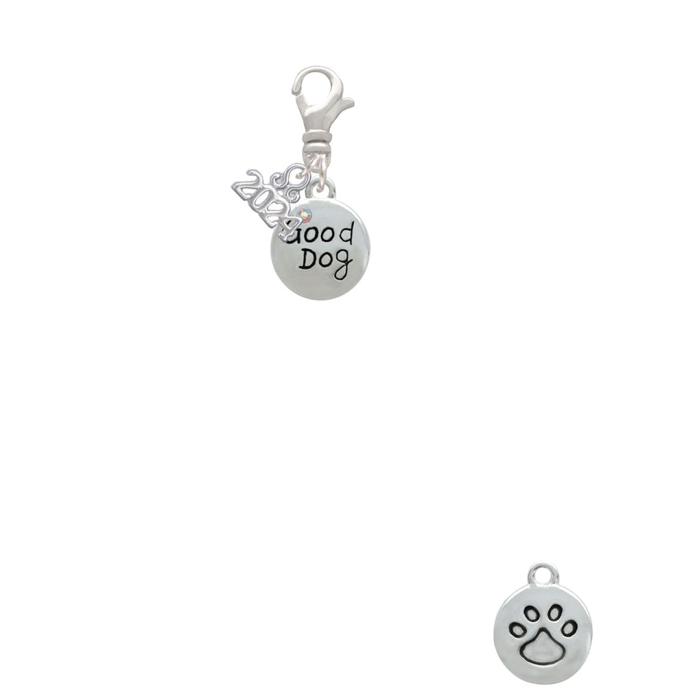 Delight Jewelry Silvertone Good Dog with AB Crystal and Paw Print Clip on Charm with Year 2024 Image 2