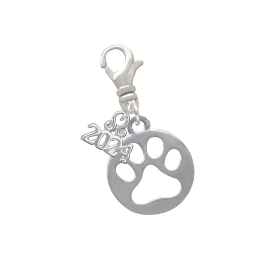 Delight Jewelry Silvertone Circle with Cut Out Paw Clip on Charm with Year 2024 Image 1