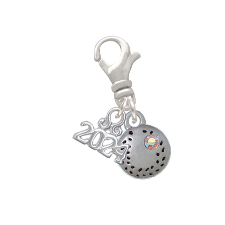 Delight Jewelry Silvertone Mini Softball/Baseball with AB Crystal Clip on Charm with Year 2024 Image 1