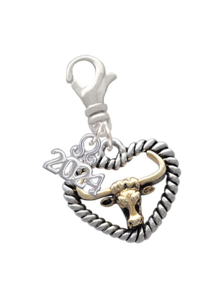 Delight Jewelry Goldtone Longhorn in Rope Heart Clip on Charm with Year 2024 Image 1