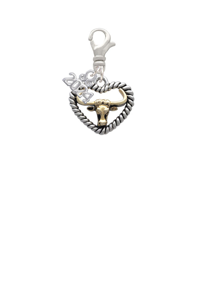 Delight Jewelry Goldtone Longhorn in Rope Heart Clip on Charm with Year 2024 Image 2