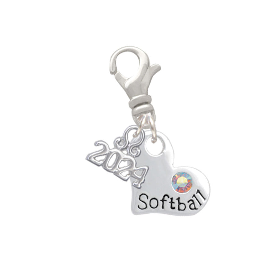 Delight Jewelry Heart with Softball and AB Crystal Clip on Charm with Year 2024 Image 1
