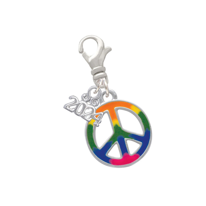 Delight Jewelry Silvertone Large Rainbow Colored Peace Sign Clip on Charm with Year 2024 Image 1