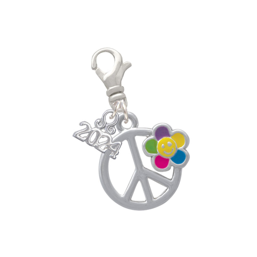 Delight Jewelry Silvertone Large Multicolored Daisy on Peace Sign Clip on Charm with Year 2024 Image 1