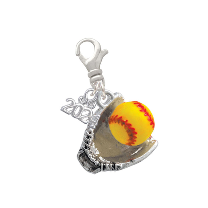 Delight Jewelry Silvertone Extra Large Softball and Glove Clip on Charm with Year 2024 Image 1