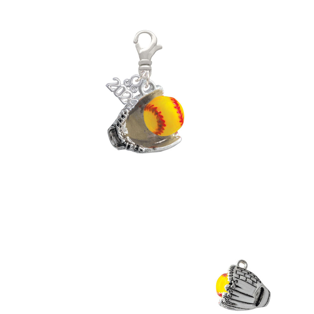 Delight Jewelry Silvertone Extra Large Softball and Glove Clip on Charm with Year 2024 Image 2