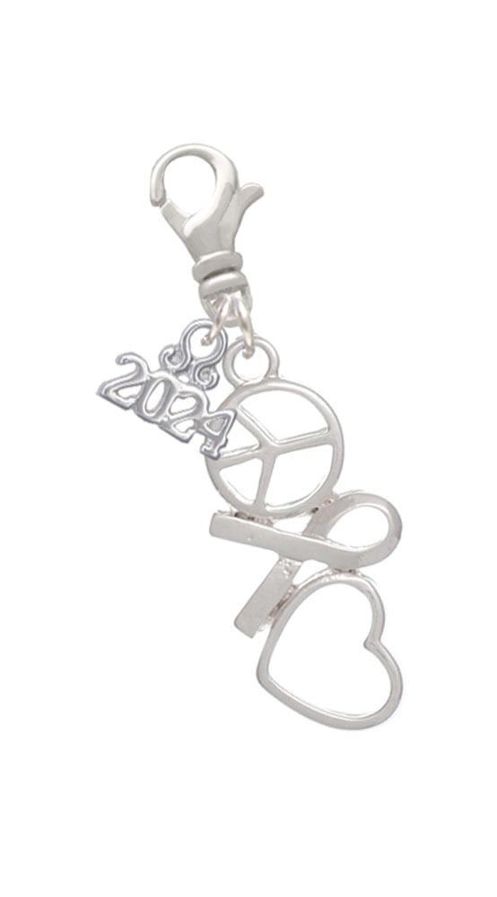 Delight Jewelry Silvertone Peace Sign Ribbon Heart Clip on Charm with Year 2024 Image 1