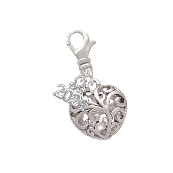 Delight Jewelry Silvertone Medium Open Filigree Heart Clip on Charm with Year 2024 Image 1