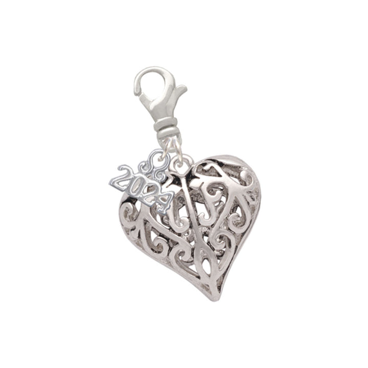 Delight Jewelry Silvertone Large Open Filigree Heart Clip on Charm with Year 2024 Image 1