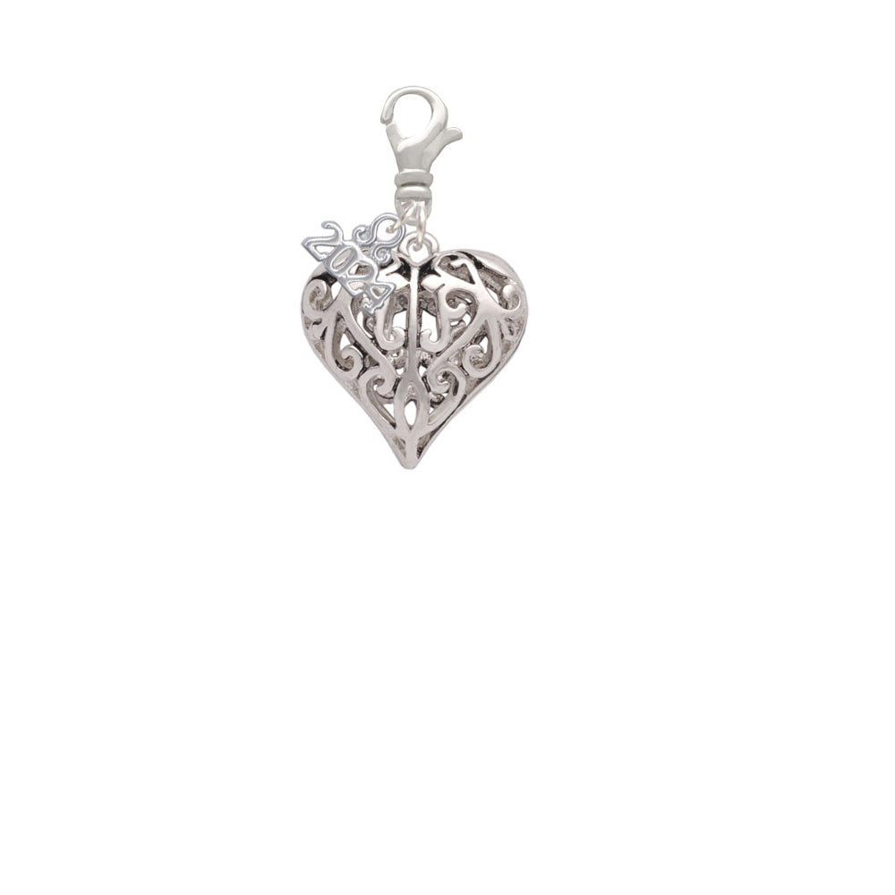 Delight Jewelry Silvertone Large Open Filigree Heart Clip on Charm with Year 2024 Image 2