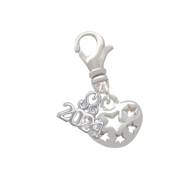Delight Jewelry Silvertone Small Heart with Cut Out Stars Clip on Charm with Year 2024 Image 1