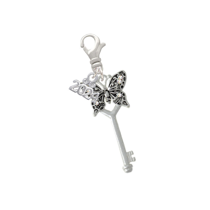 Delight Jewelry Silvertone Antiqued Butterfly Key with AB Crystals Clip on Charm with Year 2024 Image 1