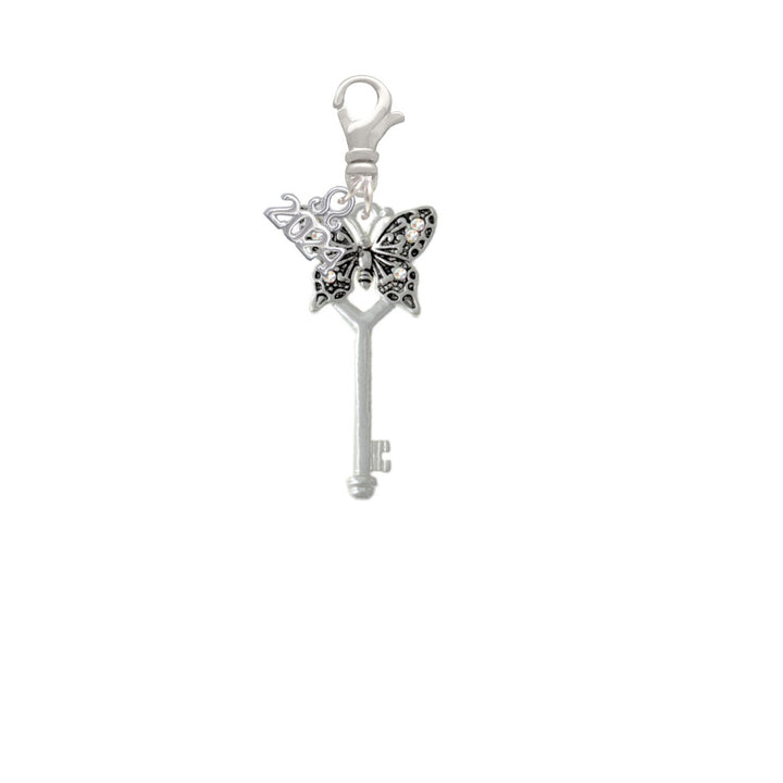 Delight Jewelry Silvertone Antiqued Butterfly Key with AB Crystals Clip on Charm with Year 2024 Image 2