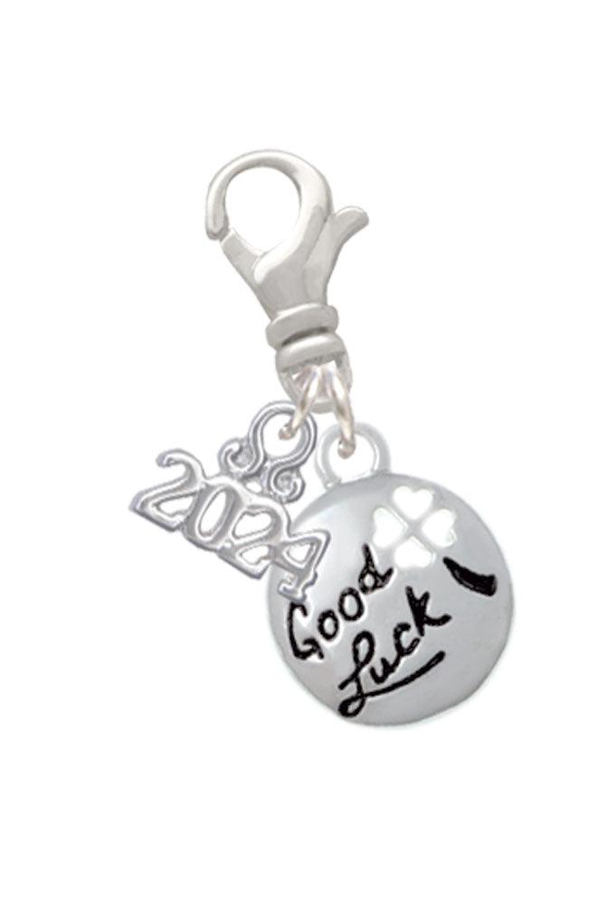 Delight Jewelry Silvertone Good Luck Disc with Cutout Four Leaf Clover Clip on Charm with Year 2024 Image 1