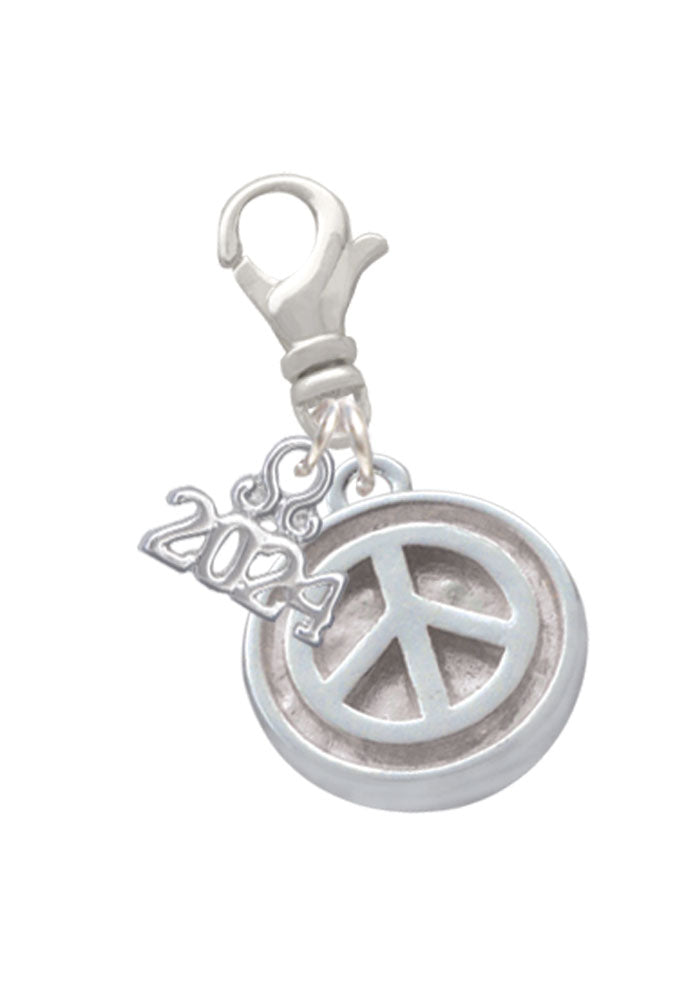 Delight Jewelry Silvertone Peace Sign - Round Seal Clip on Charm with Year 2024 Image 1