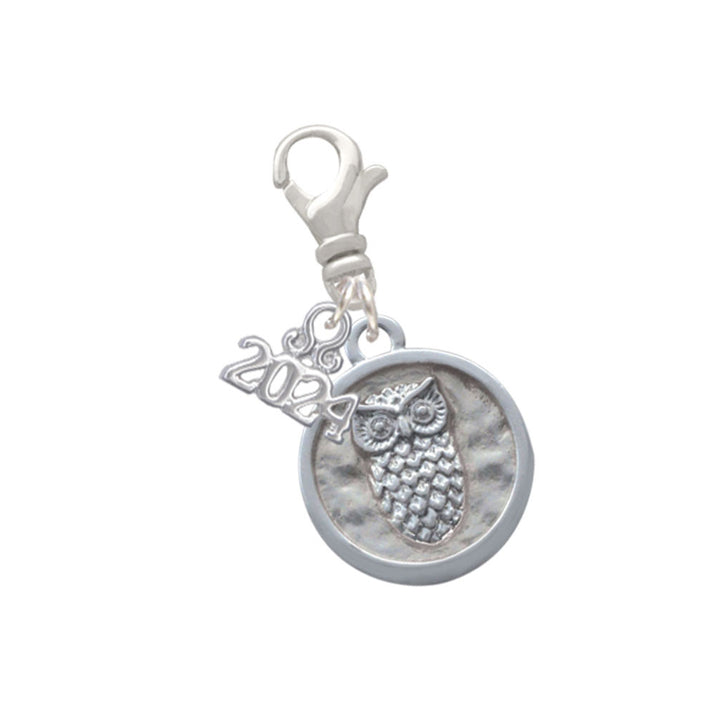 Delight Jewelry Silvertone Owl - Round Seal Clip on Charm with Year 2024 Image 1