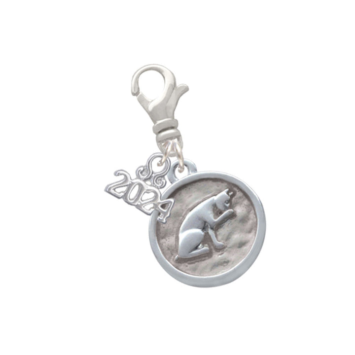 Delight Jewelry Silvertone Sitting Cat - Round Seal Clip on Charm with Year 2024 Image 1