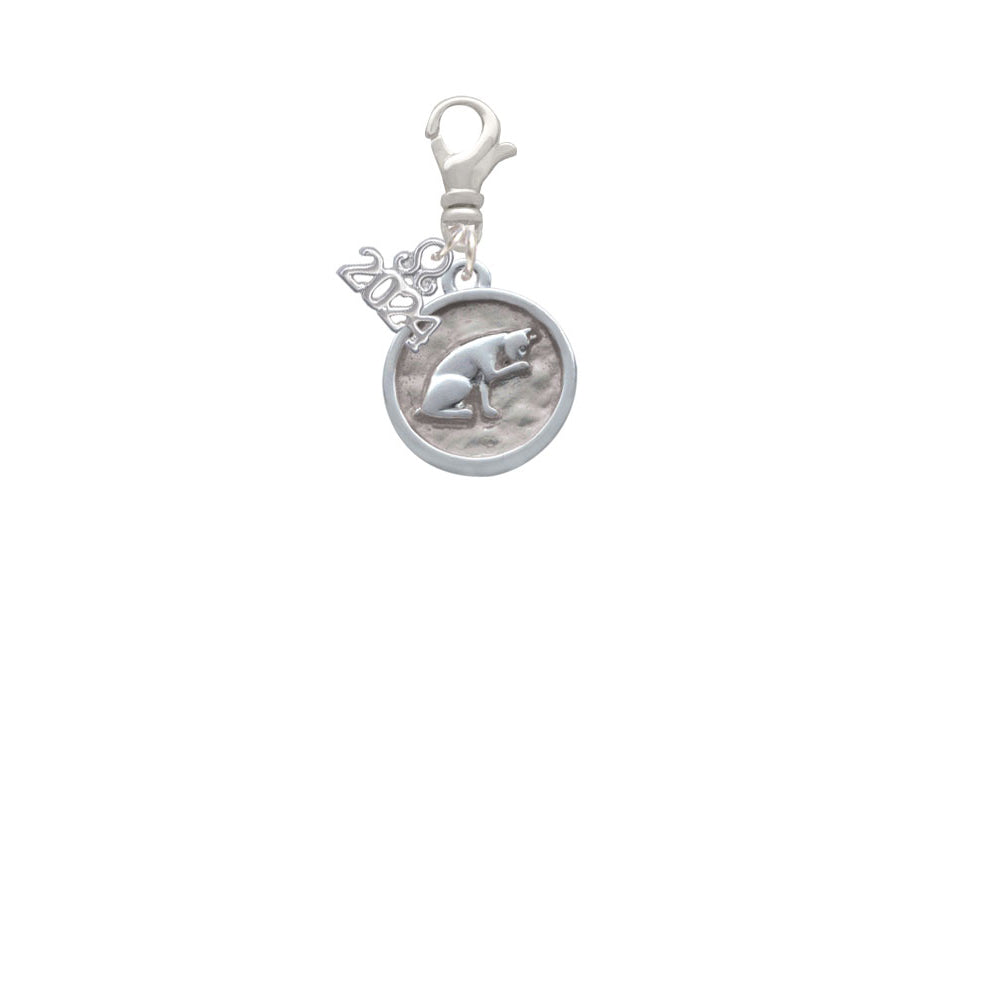 Delight Jewelry Silvertone Sitting Cat - Round Seal Clip on Charm with Year 2024 Image 2