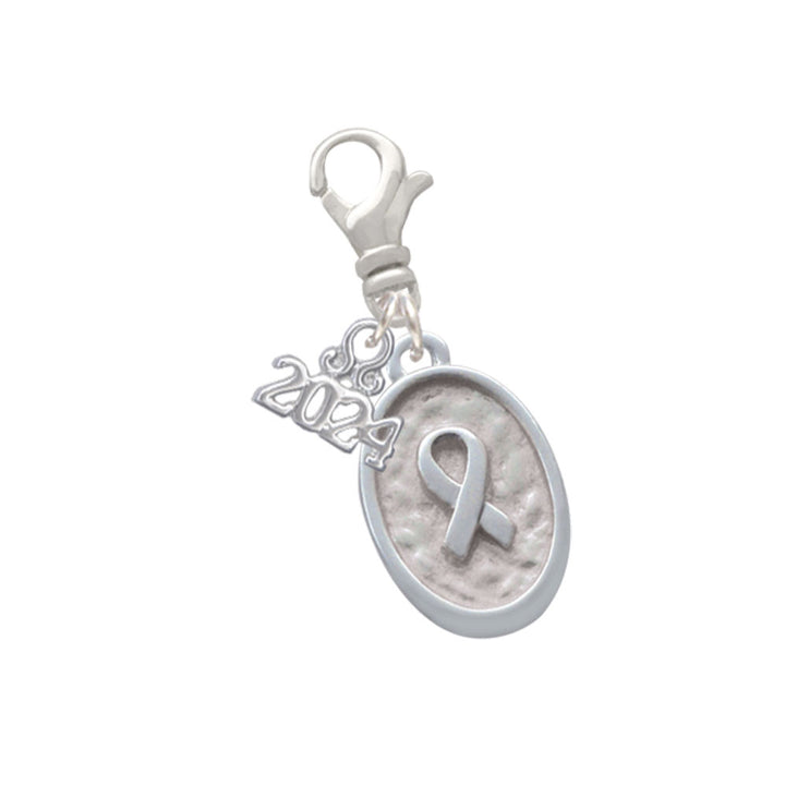 Delight Jewelry Silvertone Awareness Ribbon - Oval Seal Clip on Charm with Year 2024 Image 1