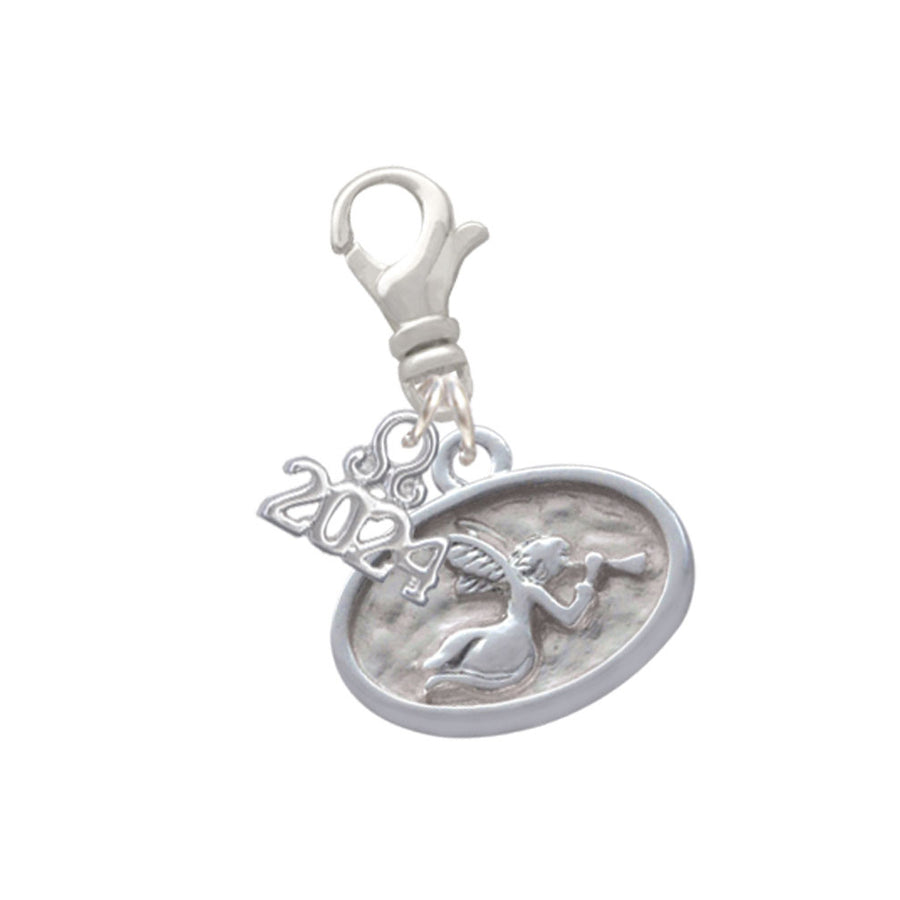Delight Jewelry Silvertone Trumpeter Angel - Oval Seal Clip on Charm with Year 2024 Image 1