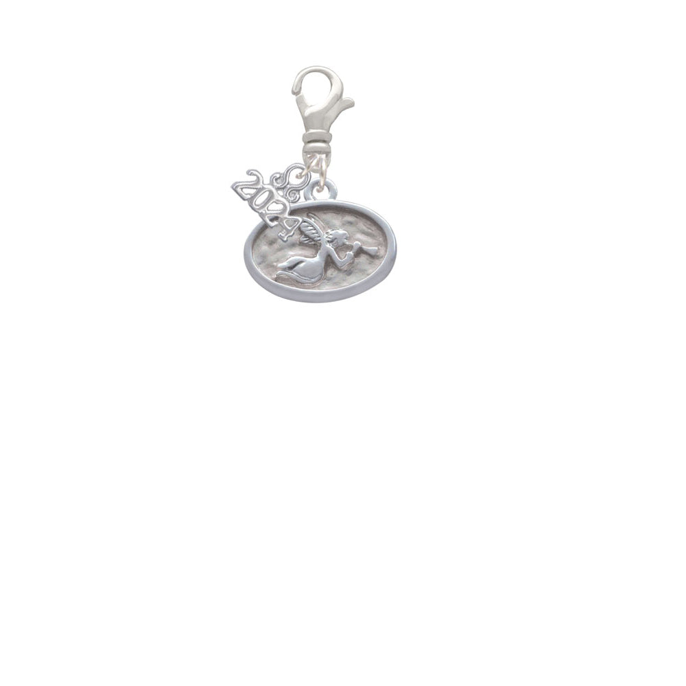 Delight Jewelry Silvertone Trumpeter Angel - Oval Seal Clip on Charm with Year 2024 Image 2