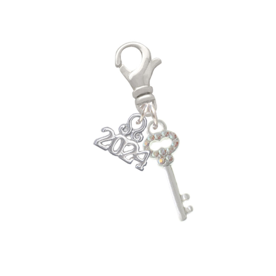 Delight Jewelry Silvertone Small Clear AB Crystals Oval Key Clip on Charm with Year 2024 Image 1