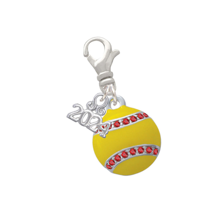 Delight Jewelry Silvertone Optic Yellow Softball with Red Crystal Stitching Clip on Charm with Year 2024 Image 1