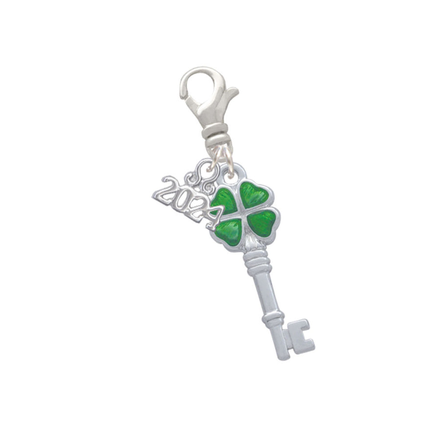 Delight Jewelry Silvertone Translucent Green Lucky Four Leaf Clover Key Clip on Charm with Year 2024 Image 1