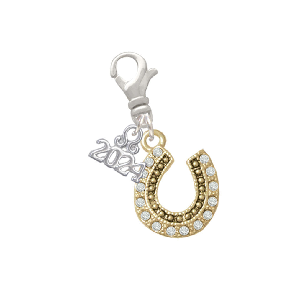 Delight Jewelry Beaded Clear Goldtone Crystal Horseshoe with Good Luck Clip on Charm with Year 2024 Image 1