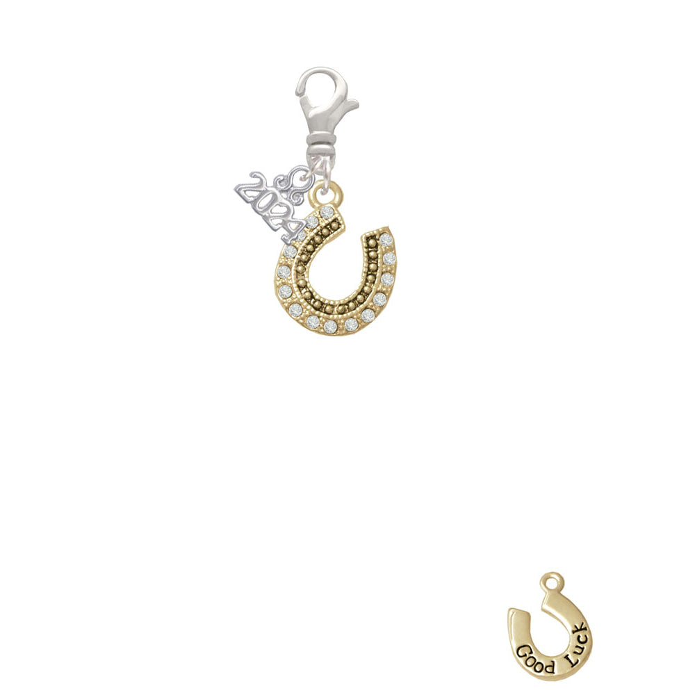 Delight Jewelry Beaded Clear Goldtone Crystal Horseshoe with Good Luck Clip on Charm with Year 2024 Image 2