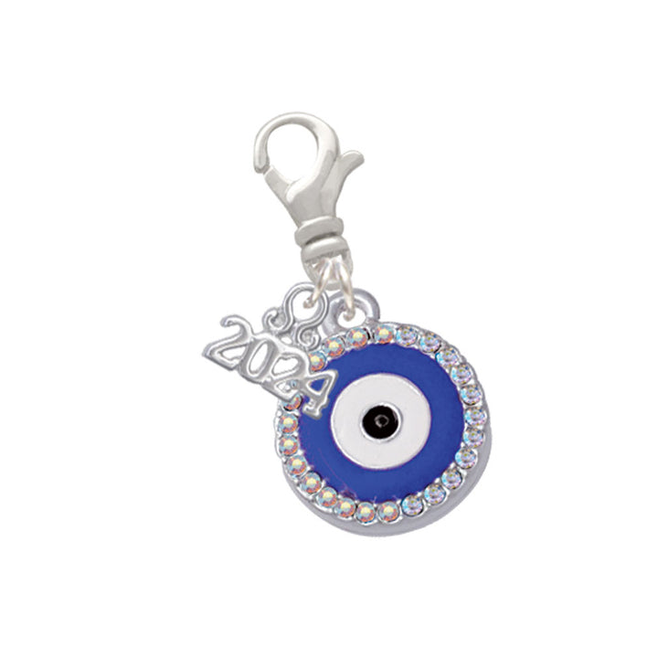 Delight Jewelry Silvertone Large Blue Evil Eye with AB Crystal Border Clip on Charm with Year 2024 Image 1