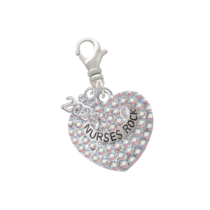 Delight Jewelry Silvertone Nurses Rock on AB Crystal Heart Clip on Charm with Year 2024 Image 1