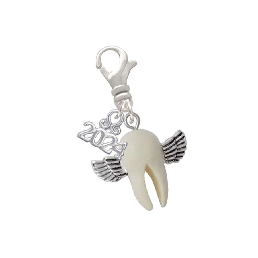 Delight Jewelry White Tooth with Wings - Tooth Fairy Clip on Charm with Year 2024 Image 1