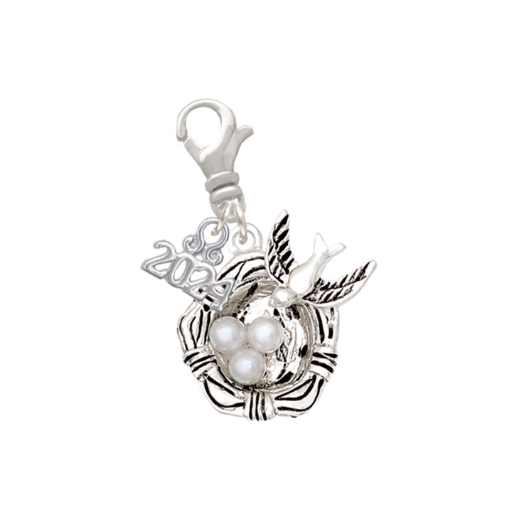 Delight Jewelry Silvertone Birds Nest with Imitation Pearl Eggs Clip on Charm with Year 2024 Image 1