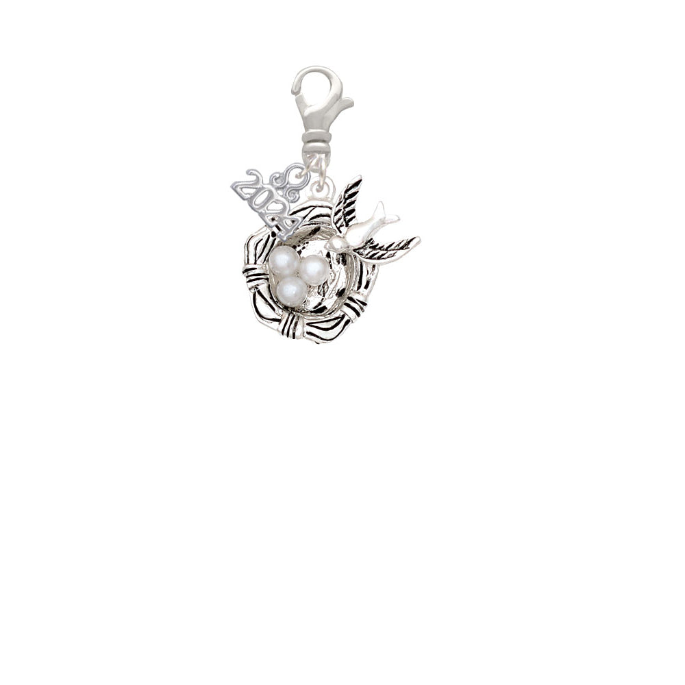 Delight Jewelry Silvertone Birds Nest with Imitation Pearl Eggs Clip on Charm with Year 2024 Image 2